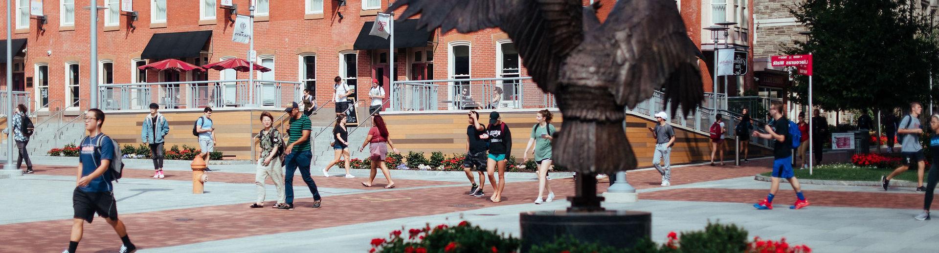 Students on Liacouras Walk on a sunny day.