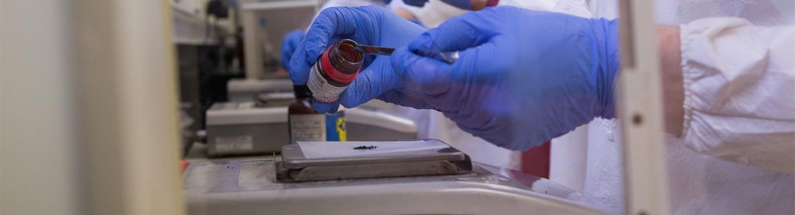 Temple University chemistry students in a lab wearing gloves take out material from a jar.