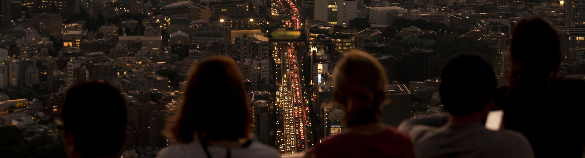 Students look at the Tokyo skyline from above.