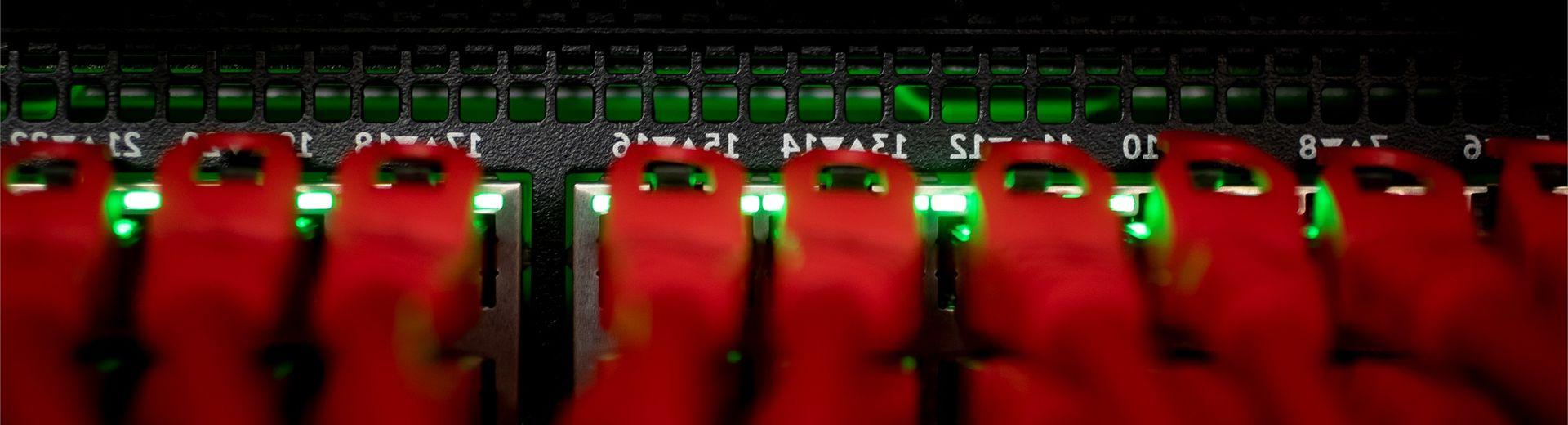 Close up image a row of white and red cables coming out of the back of a server with numbers written above the bottom row of red cables.