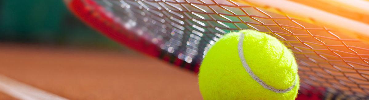 A tennis racquet and ball rest just next to the lines marking a clay court.