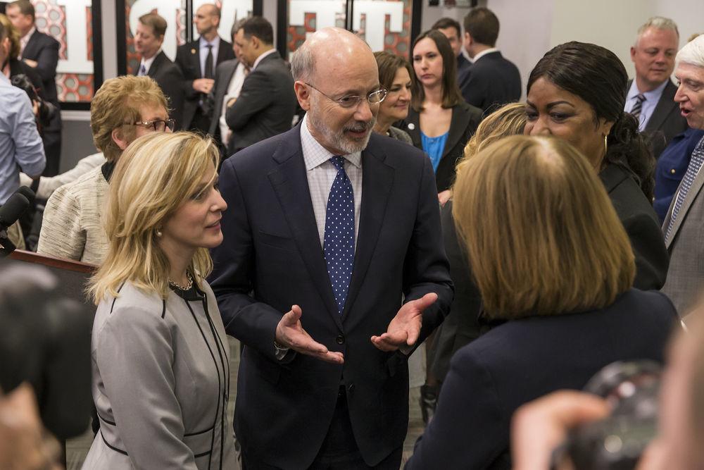 Pennsylvania Governor Tom Wolf greets a crowd at an event on campus.